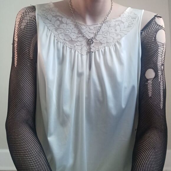 Vintage Repaired Cream High Neck Flowy Slip Dress - Picture 3 of 15